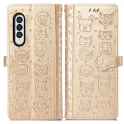 Kryty na mobil | Peňaženkové puzdro Embossing Pattern Pes a Mačka zlaté – Samsung Galaxy Z Fold 3 | Kryty na mobil