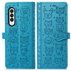 Kryty na mobil | Peňaženkové puzdro Embossing Pattern Pes a Mačka modré – Samsung Galaxy Z Fold 3 | Kryty na mobil