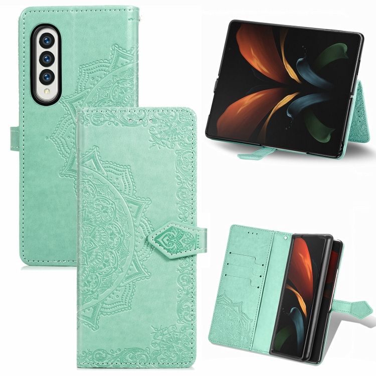 Peňaženkové puzdro Embossing Pattern Mandala Flower zelené – Samsung Galaxy Z Fold 3 | Kryty na mobil Kryty na mobil | Peňaženkové puzdro Embossing Pattern Mandala Flower zelené – Samsung Galaxy Z Fold 3 | Kryty na mobil
