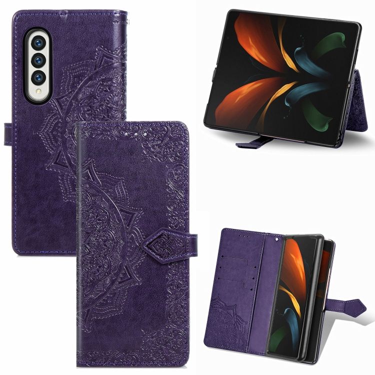 Peňaženkové puzdro Embossing Pattern Mandala Flower fialové – Samsung Galaxy Z Fold 3 | Kryty na mobil Kryty na mobil | Peňaženkové puzdro Embossing Pattern Mandala Flower fialové – Samsung Galaxy Z Fold 3 | Kryty na mobil