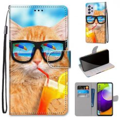 Kryty na mobil | Knižkové puzdro Trendy Cross case Mačka a drink – Samsung Galaxy A52 / A52 5G / A52s 5G | Kryty na mobil