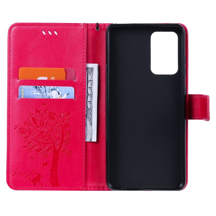 Peňaženkové puzdro Embossing Pattern Strom a mačka tmavoružové – Samsung Galaxy A52 / A52 5G / A52s 5G | Kryty na mobil Kryty na mobil | Peňaženkové puzdro Embossing Pattern Strom a mačka tmavoružové – Samsung Galaxy A52 / A52 5G / A52s 5G | Kryty na mobil