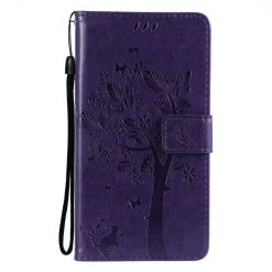 Kryty na mobil | Peňaženkové puzdro Embossing Pattern Strom a mačka fialové – Samsung Galaxy A52 / A52 5G / A52s 5G | Kryty na mobil