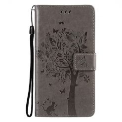 Kryty na mobil | Peňaženkové Puzdro Embossing Pattern Strom A Mačka Sivé – Samsung Galaxy A52 / A52 5G / A52S 5G | Kryty na mobil