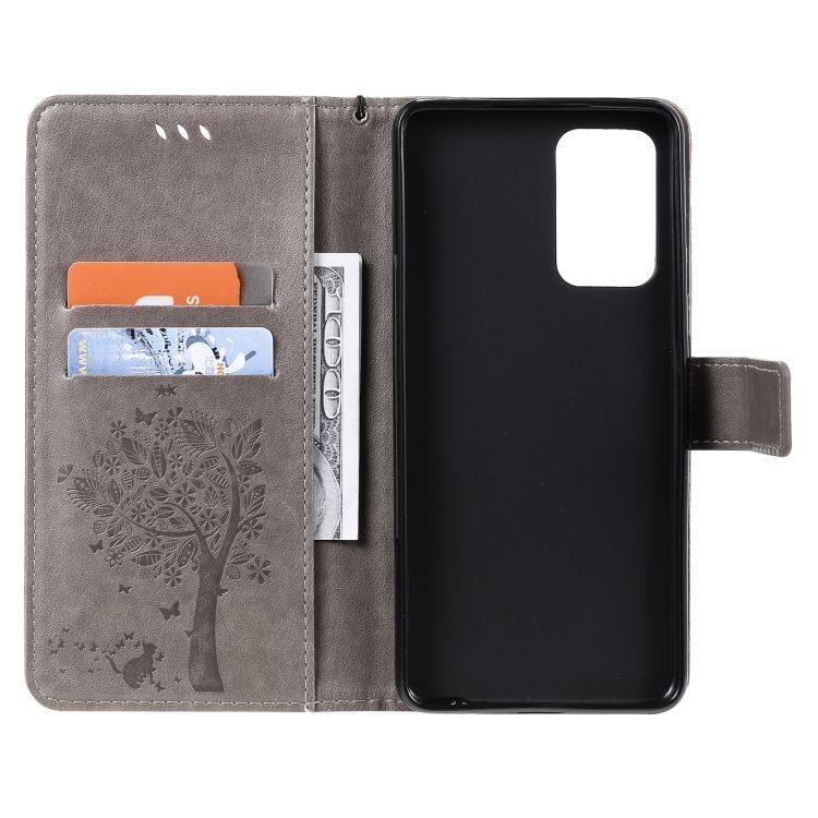 Peňaženkové Puzdro Embossing Pattern Strom A Mačka Sivé – Samsung Galaxy A52 / A52 5G / A52S 5G | Kryty na mobil Kryty na mobil | Peňaženkové Puzdro Embossing Pattern Strom A Mačka Sivé – Samsung Galaxy A52 / A52 5G / A52S 5G | Kryty na mobil