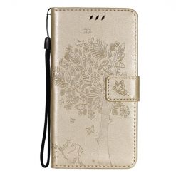 Kryty na mobil | Peňaženkové puzdro Embossing Pattern Strom a mačka zlaté – Samsung Galaxy A52 / A52 5G / A52s 5G | Kryty na mobil