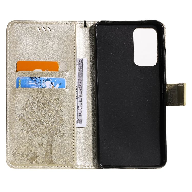 Peňaženkové puzdro Embossing Pattern Strom a mačka zlaté – Samsung Galaxy A52 / A52 5G / A52s 5G | Kryty na mobil Kryty na mobil | Peňaženkové puzdro Embossing Pattern Strom a mačka zlaté – Samsung Galaxy A52 / A52 5G / A52s 5G | Kryty na mobil