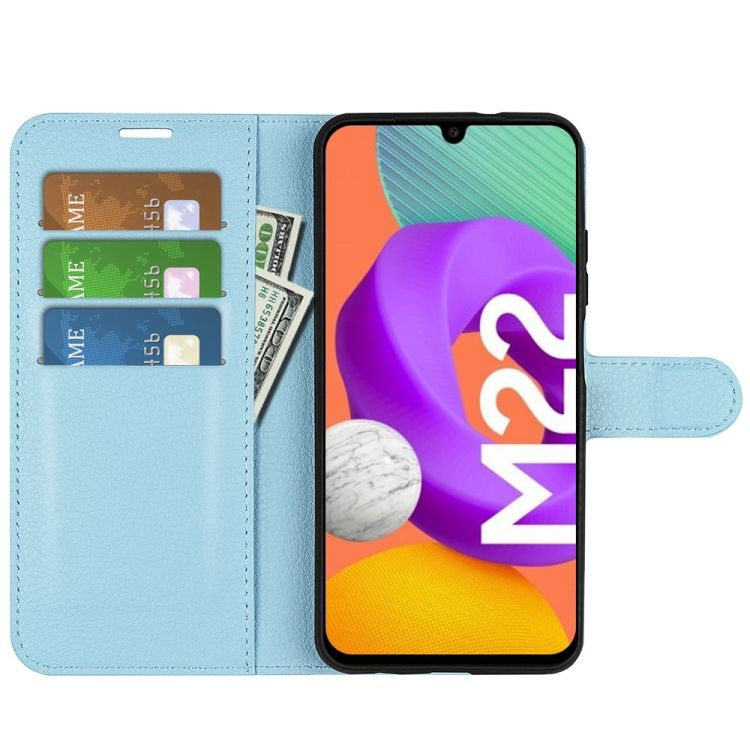 Peňaženkové puzdro Litchi modré – Samsung Galaxy M22 | Kryty na mobil Kryty na mobil | Peňaženkové puzdro Litchi modré – Samsung Galaxy M22 | Kryty na mobil