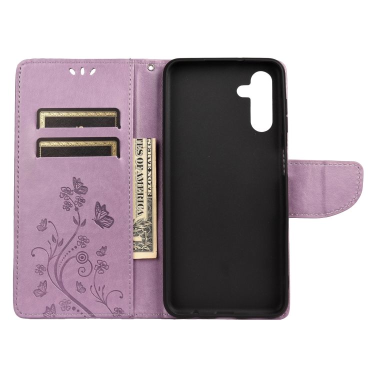 Peňaženkové puzdro Embossing Pattern Motýľ a kvet fialové – Samsung Galaxy A13 5G | Kryty na mobil Kryty na mobil | Peňaženkové puzdro Embossing Pattern Motýľ a kvet fialové – Samsung Galaxy A13 5G | Kryty na mobil