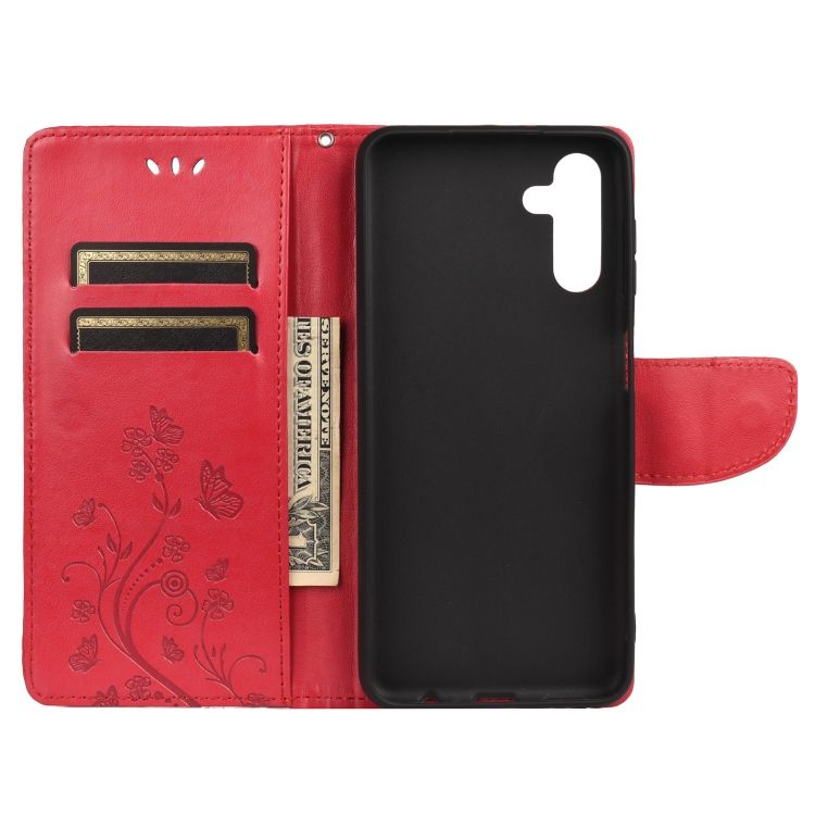 Peňaženkové puzdro Embossing Pattern Motýľ a kvet červené – Samsung Galaxy A13 5G | Kryty na mobil Kryty na mobil | Peňaženkové puzdro Embossing Pattern Motýľ a kvet červené – Samsung Galaxy A13 5G | Kryty na mobil