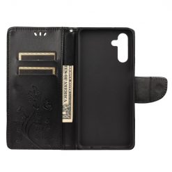 Kryty na mobil | Peňaženkové puzdro Embossing Pattern Motýľ a kvet čierne – Samsung Galaxy A13 5G | Kryty na mobil