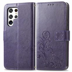 Kryty na mobil | Peňaženkové puzdro Embossing Pattern Štvorlístok fialové – Samsung Galaxy S22 Ultra | Kryty na mobil