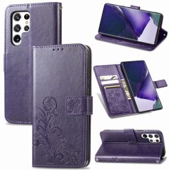 Kryty na mobil | Peňaženkové puzdro Embossing Pattern Štvorlístok fialové – Samsung Galaxy S22 Ultra | Kryty na mobil