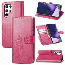 Kryty na mobil | Peňaženkové puzdro Embossing Pattern Štvorlístok ružové – Samsung Galaxy S22 Ultra | Kryty na mobil