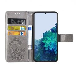 Peňaženkové puzdro Embossing Pattern Štvorlístok sivé – Samsung Galaxy S22+ (S22 Plus) | Kryty na mobil Kryty na mobil | Peňaženkové puzdro Embossing Pattern Štvorlístok sivé – Samsung Galaxy S22+ (S22 Plus) | Kryty na mobil