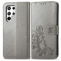 Kryty na mobil | Peňaženkové puzdro Embossing Pattern Štvorlístok sivé – Samsung Galaxy S22 Ultra | Kryty na mobil