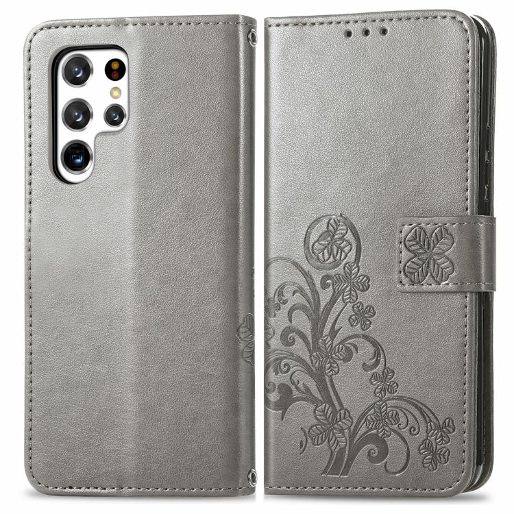 Peňaženkové puzdro Embossing Pattern Štvorlístok sivé – Samsung Galaxy S22 Ultra | Kryty na mobil Kryty na mobil | Peňaženkové puzdro Embossing Pattern Štvorlístok sivé – Samsung Galaxy S22 Ultra | Kryty na mobil