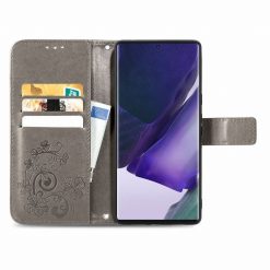 Peňaženkové puzdro Embossing Pattern Štvorlístok sivé – Samsung Galaxy S22 Ultra | Kryty na mobil Kryty na mobil | Peňaženkové puzdro Embossing Pattern Štvorlístok sivé – Samsung Galaxy S22 Ultra | Kryty na mobil