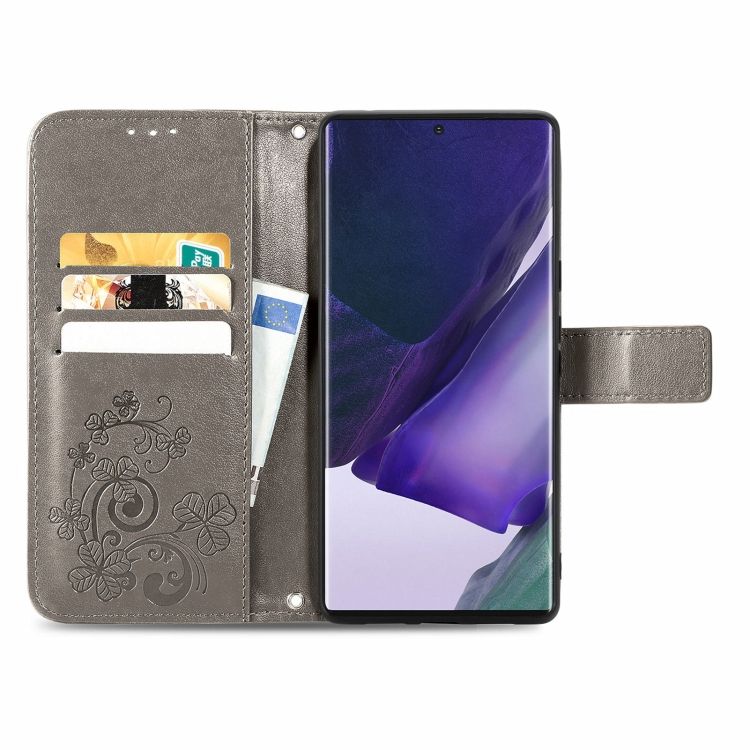 Peňaženkové puzdro Embossing Pattern Štvorlístok sivé – Samsung Galaxy S22 Ultra | Kryty na mobil Kryty na mobil | Peňaženkové puzdro Embossing Pattern Štvorlístok sivé – Samsung Galaxy S22 Ultra | Kryty na mobil
