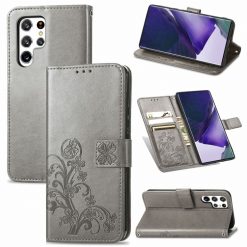 Peňaženkové puzdro Embossing Pattern Štvorlístok sivé – Samsung Galaxy S22 Ultra | Kryty na mobil Kryty na mobil | Peňaženkové puzdro Embossing Pattern Štvorlístok sivé – Samsung Galaxy S22 Ultra | Kryty na mobil