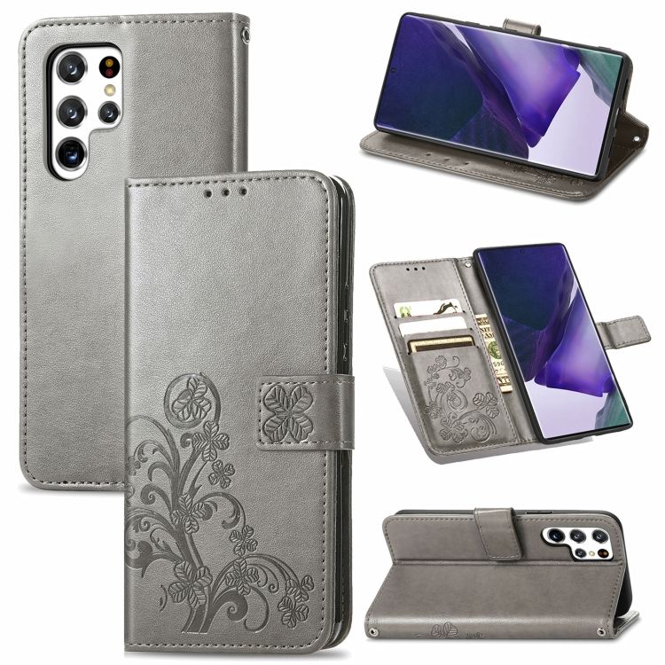 Peňaženkové puzdro Embossing Pattern Štvorlístok sivé – Samsung Galaxy S22 Ultra | Kryty na mobil Kryty na mobil | Peňaženkové puzdro Embossing Pattern Štvorlístok sivé – Samsung Galaxy S22 Ultra | Kryty na mobil
