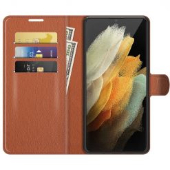 Kryty na mobil | Peňaženkové puzdro Litchi hnedé – Samsung Galaxy S22 Ultra | Kryty na mobil