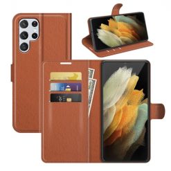 Kryty na mobil | Peňaženkové puzdro Litchi hnedé – Samsung Galaxy S22 Ultra | Kryty na mobil