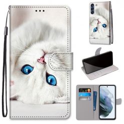Kryty na mobil | Knižkové puzdro Trendy Cross case Biela mačka – Samsung Galaxy S21 FE | Kryty na mobil