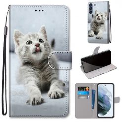 Kryty na mobil | Knižkové puzdro Trendy Cross case Sivá mačka – Samsung Galaxy S21 FE | Kryty na mobil