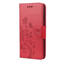 Kryty na mobil | Peňaženkové puzdro Embossing Pattern Motýľ a kvet červené – Samsung Galaxy S21 FE | Kryty na mobil