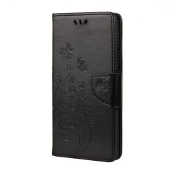 Kryty na mobil | Peňaženkové puzdro Embossing Pattern Motýľ a kvet čierne – Samsung Galaxy S21 FE | Kryty na mobil