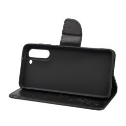 Kryty na mobil | Peňaženkové puzdro Embossing Pattern Motýľ a kvet čierne – Samsung Galaxy S21 FE | Kryty na mobil