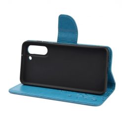 Kryty na mobil | Peňaženkové puzdro Embossing Pattern Motýľ a kvet modré – Samsung Galaxy S21 FE | Kryty na mobil