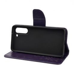 Kryty na mobil | Peňaženkové puzdro Embossing Pattern Motýľ a kvet tmavofialové – Samsung Galaxy S21 FE | Kryty na mobil