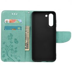 Kryty na mobil | Peňaženkové puzdro Embossing Pattern Motýľ a kvet zelené – Samsung Galaxy S21 FE | Kryty na mobil