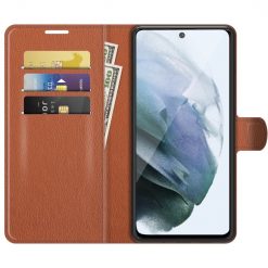 Peňaženkové puzdro Litchi hnedé – Samsung Galaxy S21 FE | Kryty na mobil Kryty na mobil | Peňaženkové puzdro Litchi hnedé – Samsung Galaxy S21 FE | Kryty na mobil