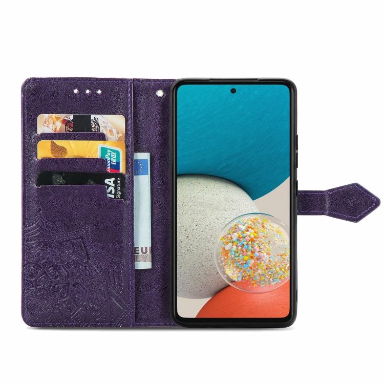Peňaženkové puzdro Embossing Pattern Mandala Flower fialové – Samsung Galaxy A53 5G | Kryty na mobil Kryty na mobil | Peňaženkové puzdro Embossing Pattern Mandala Flower fialové – Samsung Galaxy A53 5G | Kryty na mobil