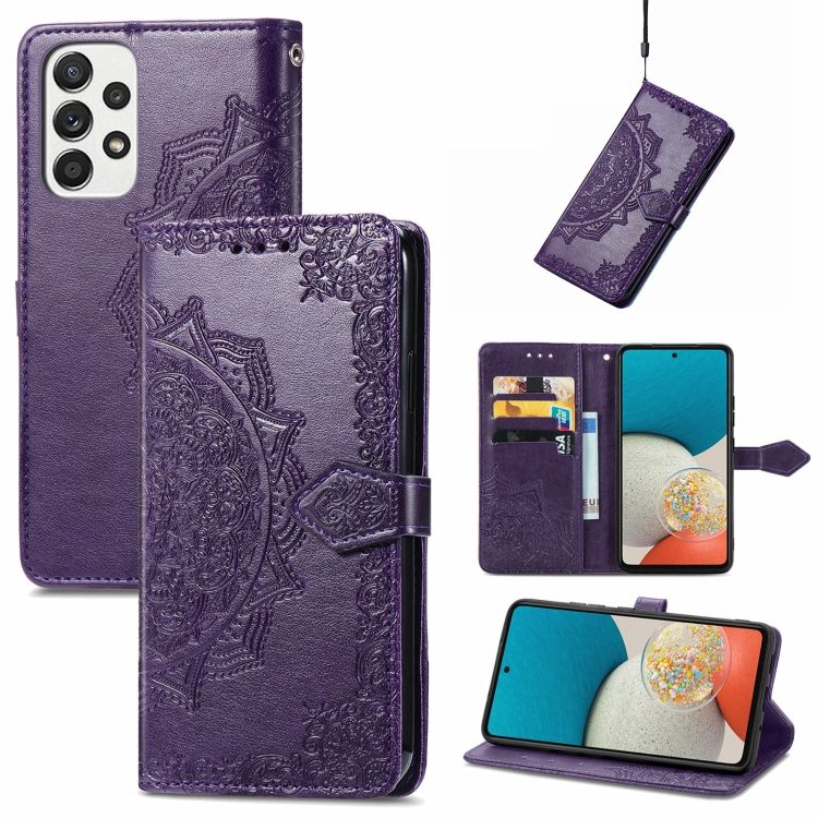 Peňaženkové puzdro Embossing Pattern Mandala Flower fialové – Samsung Galaxy A53 5G | Kryty na mobil Kryty na mobil | Peňaženkové puzdro Embossing Pattern Mandala Flower fialové – Samsung Galaxy A53 5G | Kryty na mobil
