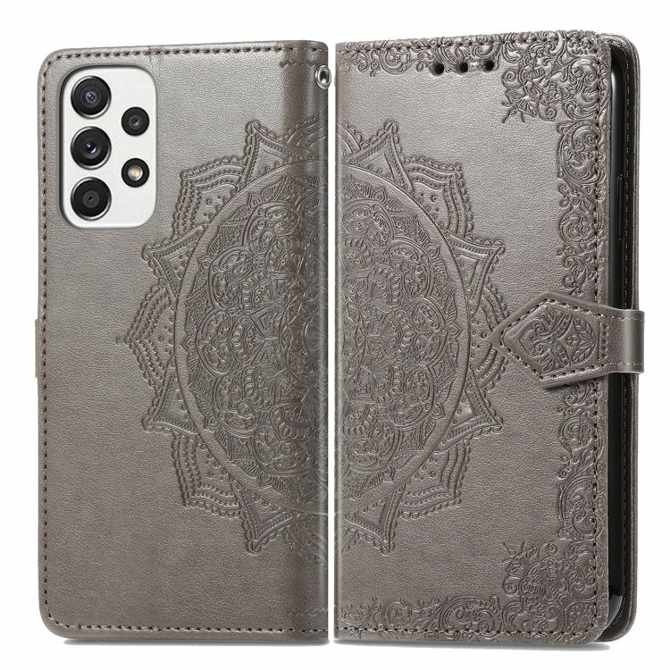 Peňaženkové puzdro Embossing Pattern Mandala Flower sivé – Samsung Galaxy A53 5G | Kryty na mobil Kryty na mobil | Peňaženkové puzdro Embossing Pattern Mandala Flower sivé – Samsung Galaxy A53 5G | Kryty na mobil