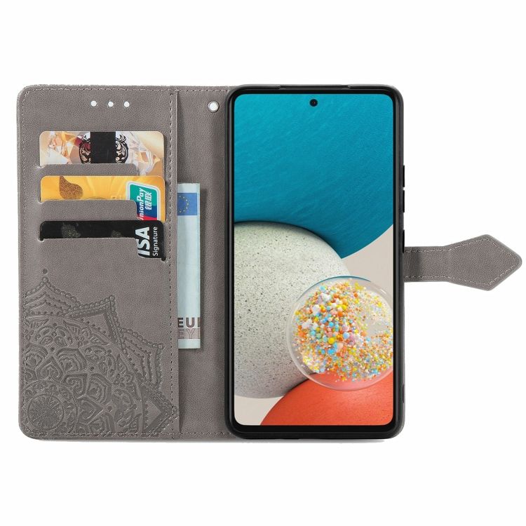 Peňaženkové puzdro Embossing Pattern Mandala Flower sivé – Samsung Galaxy A53 5G | Kryty na mobil Kryty na mobil | Peňaženkové puzdro Embossing Pattern Mandala Flower sivé – Samsung Galaxy A53 5G | Kryty na mobil