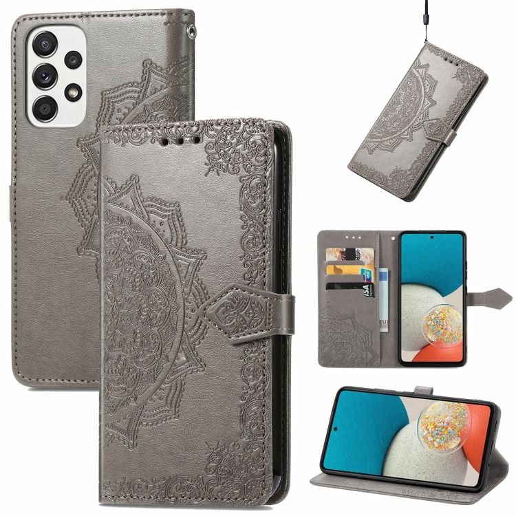 Peňaženkové puzdro Embossing Pattern Mandala Flower sivé – Samsung Galaxy A53 5G | Kryty na mobil Kryty na mobil | Peňaženkové puzdro Embossing Pattern Mandala Flower sivé – Samsung Galaxy A53 5G | Kryty na mobil