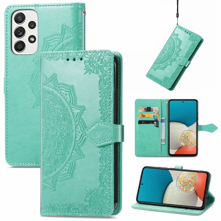 Peňaženkové puzdro Embossing Pattern Mandala Flower zelené – Samsung Galaxy A53 5G | Kryty na mobil Kryty na mobil | Peňaženkové puzdro Embossing Pattern Mandala Flower zelené – Samsung Galaxy A53 5G | Kryty na mobil