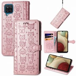 Kryty na mobil | Peňaženkové puzdro Embossing Pattern Pes a Mačka bledoružové – Samsung Galaxy A12 / M12 | Kryty na mobil