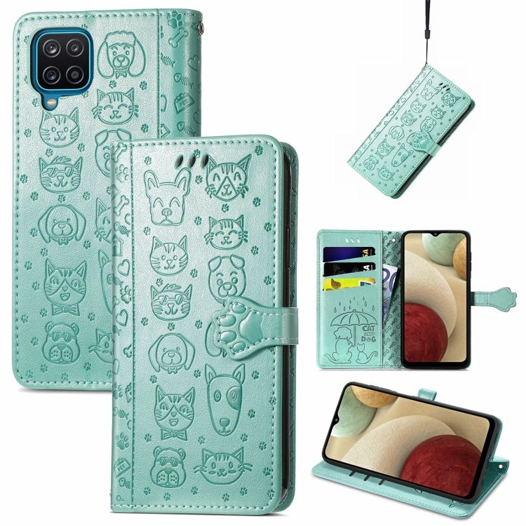 Peňaženkové puzdro Embossing Pattern Pes a Mačka zelené – Samsung Galaxy A12 / M12 | Kryty na mobil Kryty na mobil | Peňaženkové puzdro Embossing Pattern Pes a Mačka zelené – Samsung Galaxy A12 / M12 | Kryty na mobil