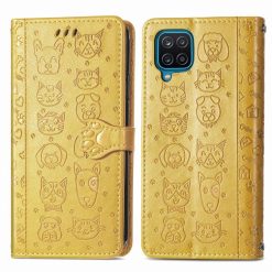 Kryty na mobil | Peňaženkové puzdro Embossing Pattern Pes a Mačka žlté – Samsung Galaxy A12 / M12 | Kryty na mobil