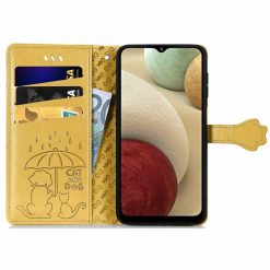 Kryty na mobil | Peňaženkové puzdro Embossing Pattern Pes a Mačka žlté – Samsung Galaxy A12 / M12 | Kryty na mobil