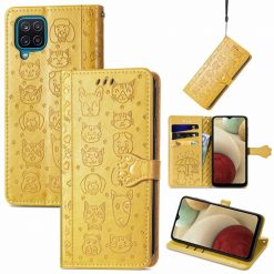 Kryty na mobil | Peňaženkové puzdro Embossing Pattern Pes a Mačka žlté – Samsung Galaxy A12 / M12 | Kryty na mobil