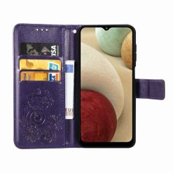 Kryty na mobil | Peňaženkové puzdro Embossing Pattern Štvorlístok fialové – Samsung Galaxy A12 / M12 | Kryty na mobil