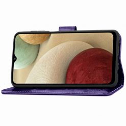 Kryty na mobil | Peňaženkové puzdro Embossing Pattern Štvorlístok fialové – Samsung Galaxy A12 / M12 | Kryty na mobil