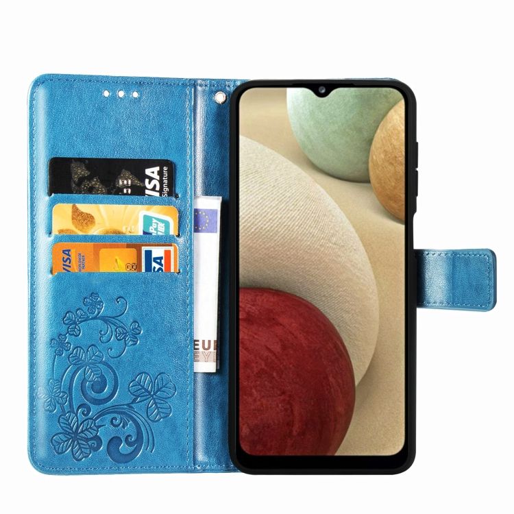 Peňaženkové puzdro Embossing Pattern Štvorlístok modré – Samsung Galaxy A12 / M12 | Kryty na mobil Kryty na mobil | Peňaženkové puzdro Embossing Pattern Štvorlístok modré – Samsung Galaxy A12 / M12 | Kryty na mobil